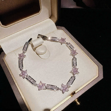 Pink Flower & Rectangle Zircon Bracelet: Sparkle for Every Moment