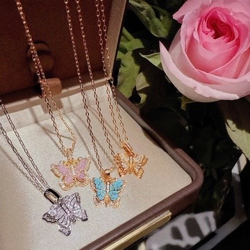 Vintage Filigree Enamel Diamond-Butterfly Necklace