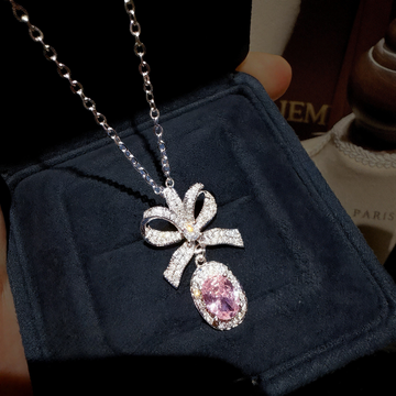 Argyle Oval Pink Gem Bow Necklace | 18K White Gold Plated, Rich Lady Style