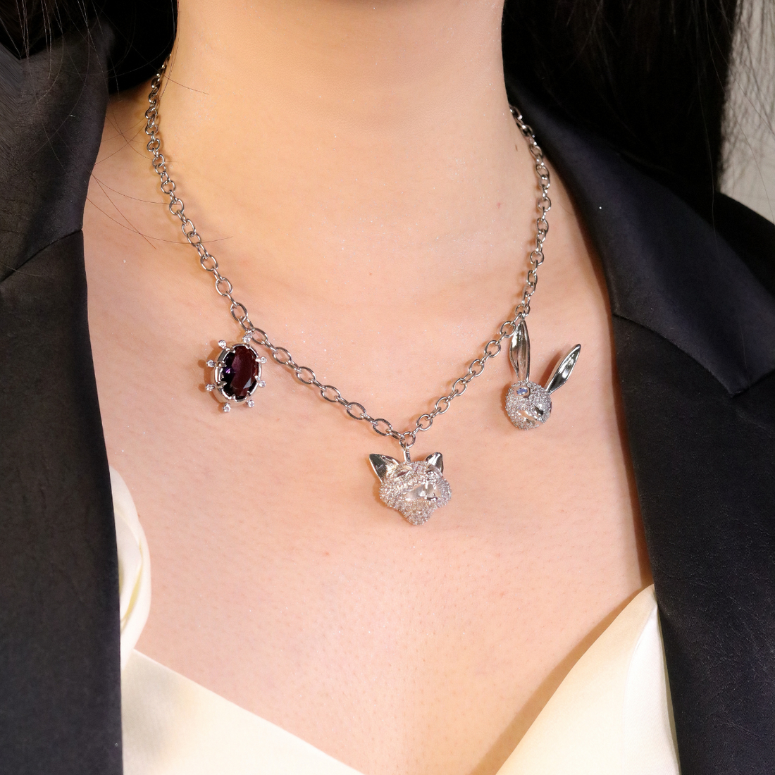 Animal-Inspired Pendant Necklace: Fox & Rabbit with Purple Zircon