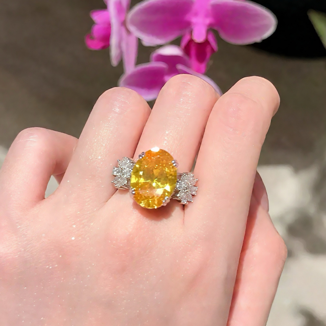 18K Gold-Plated Oval Citrine-Zircon Flower Ring
