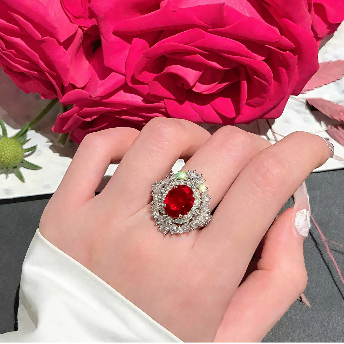 18K Gold-Plated Adjustable Pigeon Blood Ruby-Zircon Flower Ring