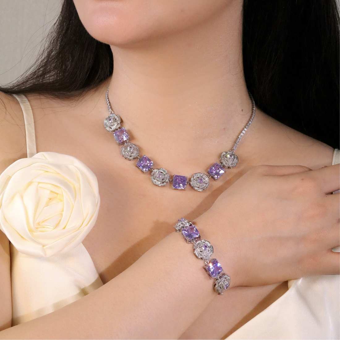 Iris Purple Square Zircon Camellia Bracelet: Glamour for Weddings & Galas