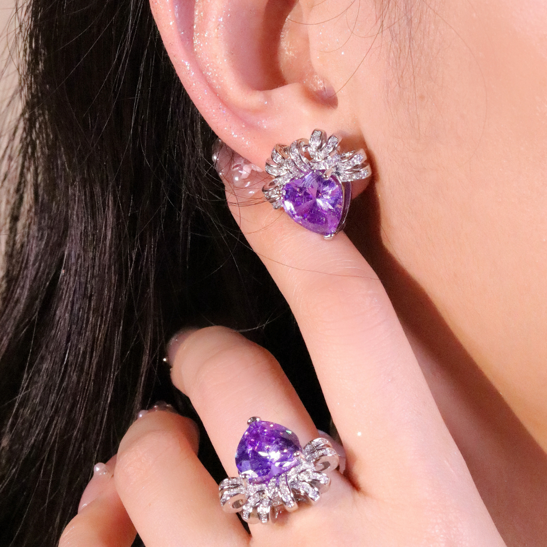 Grape Purple Ribbon Heart Earrings