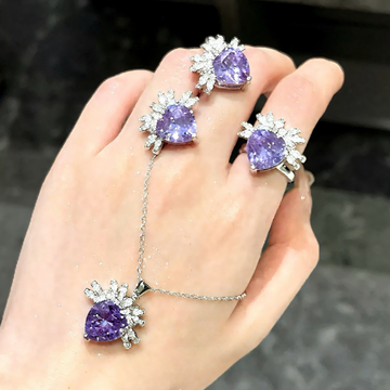 Designer Grape Purple Gem Heart Ribbon Necklace | 18K Gold Plated Zircon Inlaid