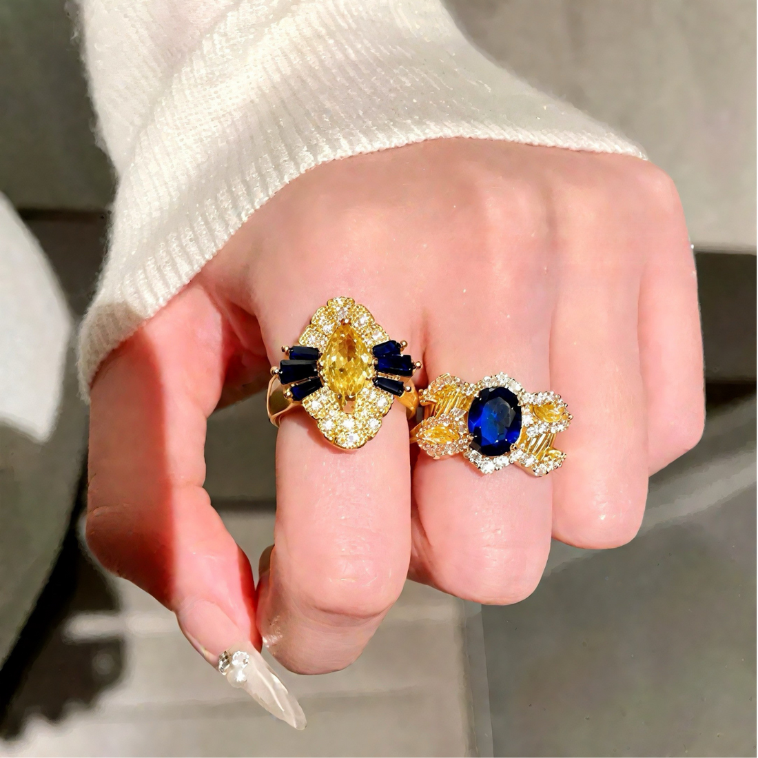 Deerora 18K Gold-Plated Madagascar Sapphire & CZ Crown Ring