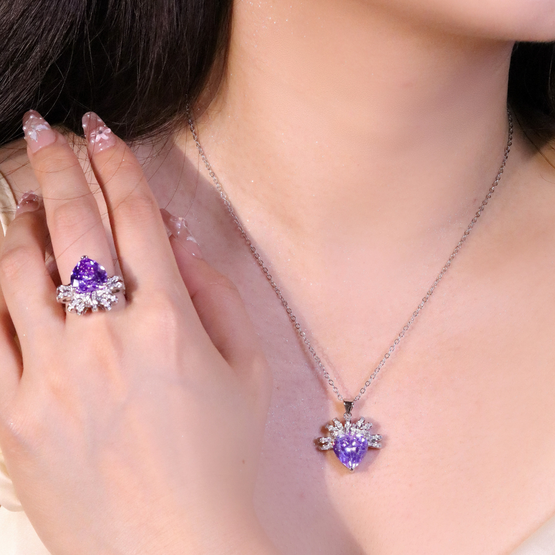 Designer Grape Purple Gem Heart Ribbon Necklace | 18K Gold Plated Zircon Inlaid