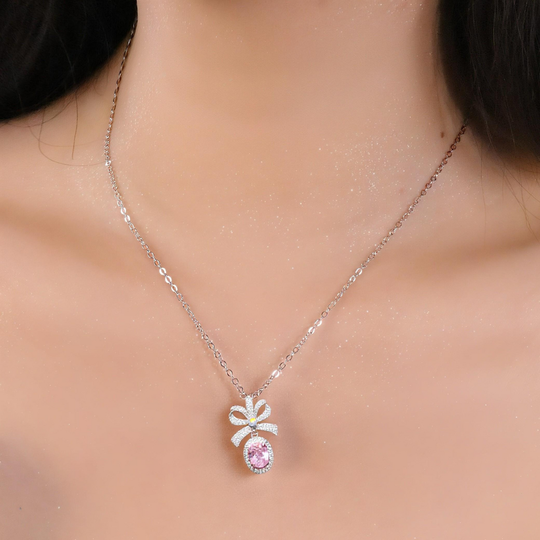 Argyle Oval Pink Gem Bow Necklace | 18K White Gold Plated, Rich Lady Style