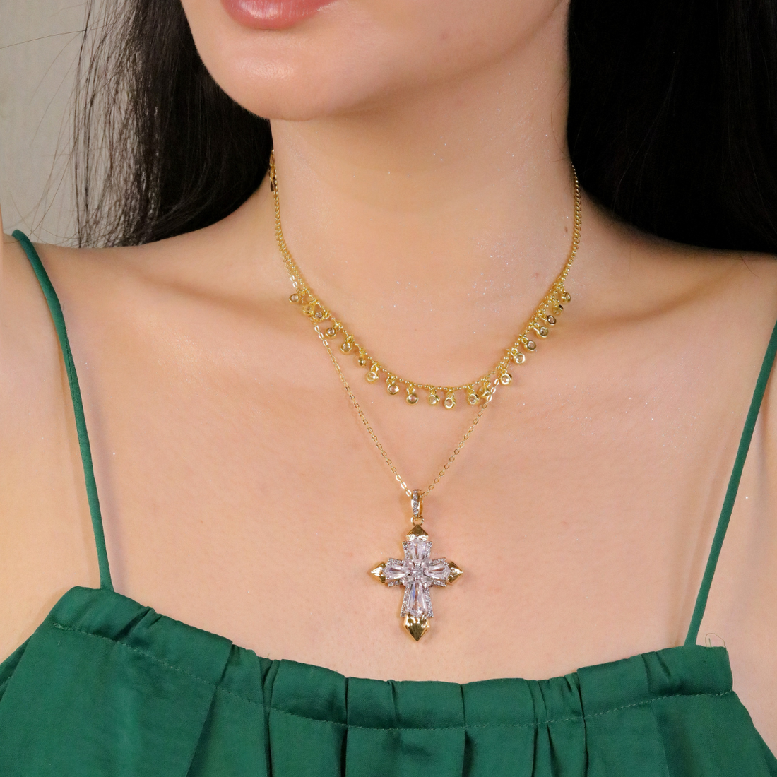 Vintage 18K Gold Plated Cross Necklace with Zircon Tassel